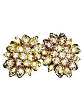 1960s-70s Gold-Tone Floral Rhinestone Clip-On Earrings Statement Jewelry